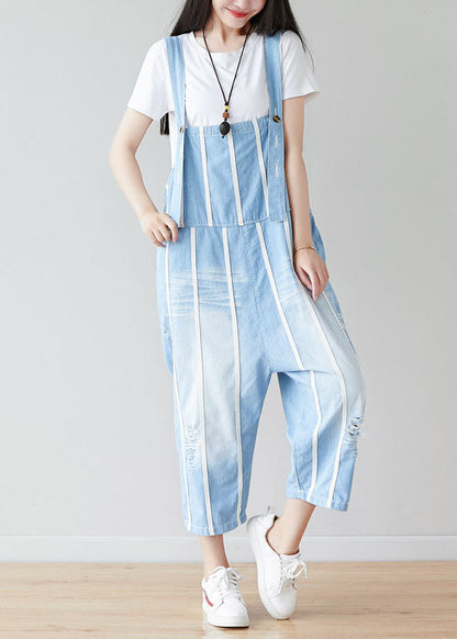 Handmade Light Blue Pockets Striped Jumpsuits Summer