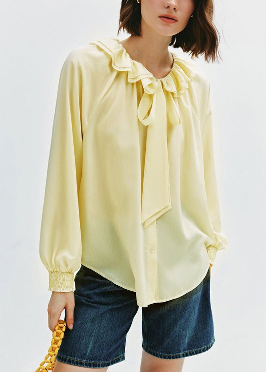 Yellow Ruffled Lace Up Cotton Blouse Tops Fall
