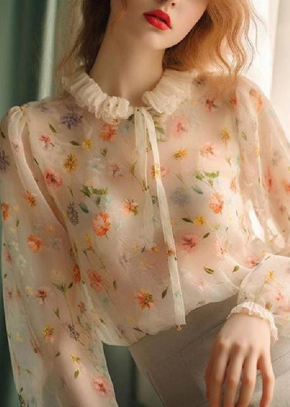 Ruffled Lace Up Print Chiffon Shirt Fall