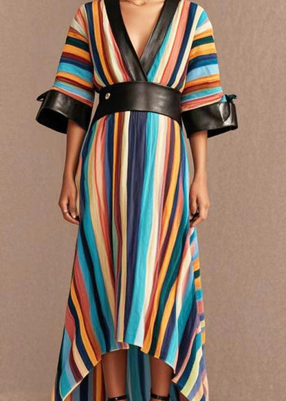 Rainbow Cinched Patchwork Pu Cotton Long Dress Summer
