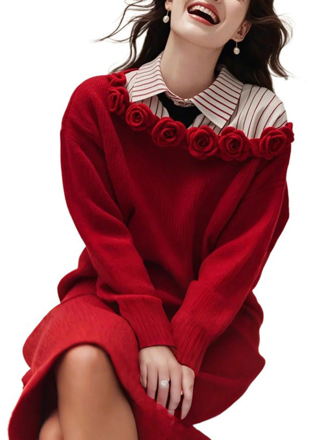 Red Slash Neck Knit Sweater Dress Fall