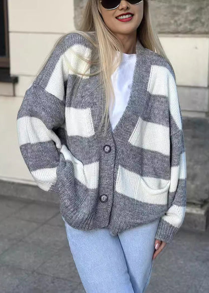 Grey V Neck Pockets Striped Knit Cardigan Fall