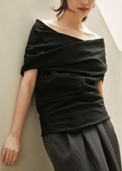 Black Slash Neck Wrinkled Cotton Shirt Summer