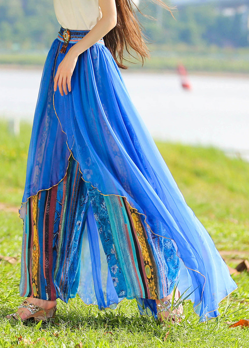 Blue Print Elastic Waist Chiffon Holiday Pants Skirt Summer