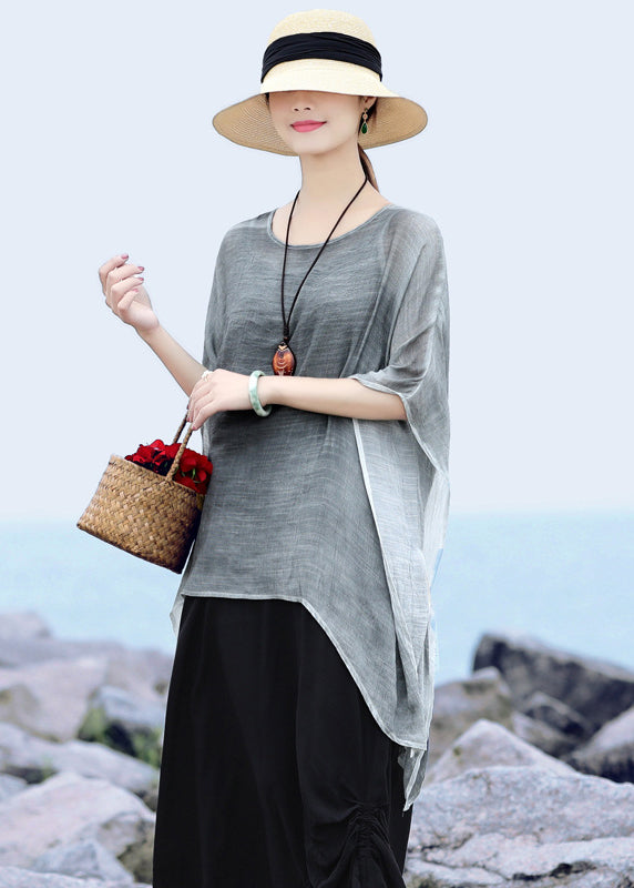 Grey Loose Linen Upf 50+ Tops Low High Design Short Sleeve