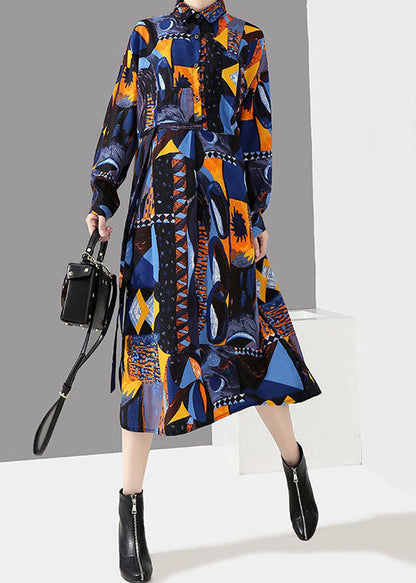 Italian Blue Button Tie Waist Peter Pan Collar Print Shirt Dresses Spring