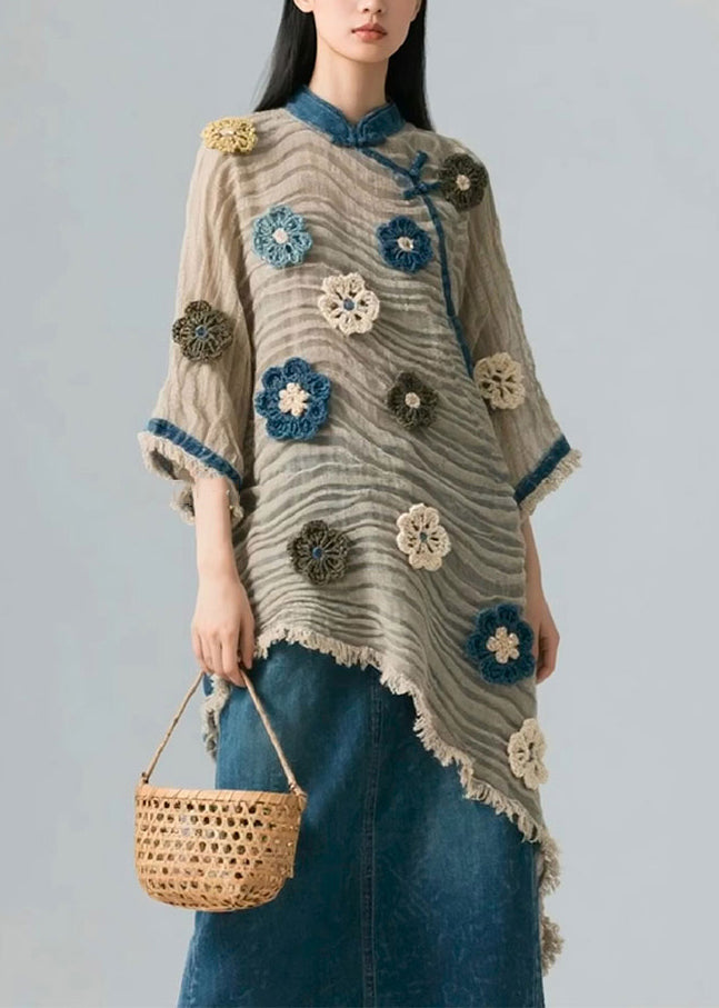 Asymmetrical Wrinkled Patchwork Cotton Blouse Bracelet Sleeve