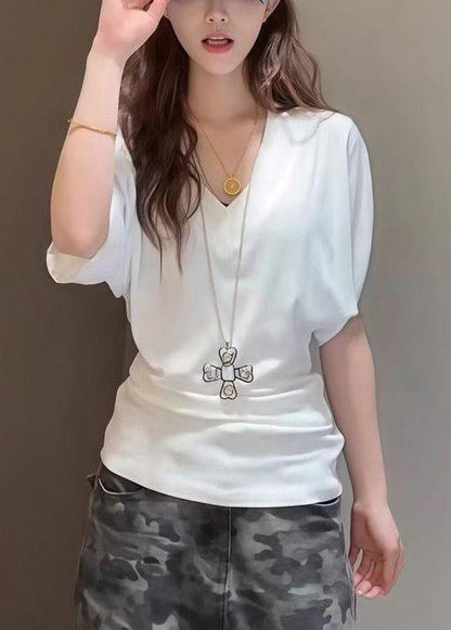 Simple White V Neck Cotton T Shirt Summer
