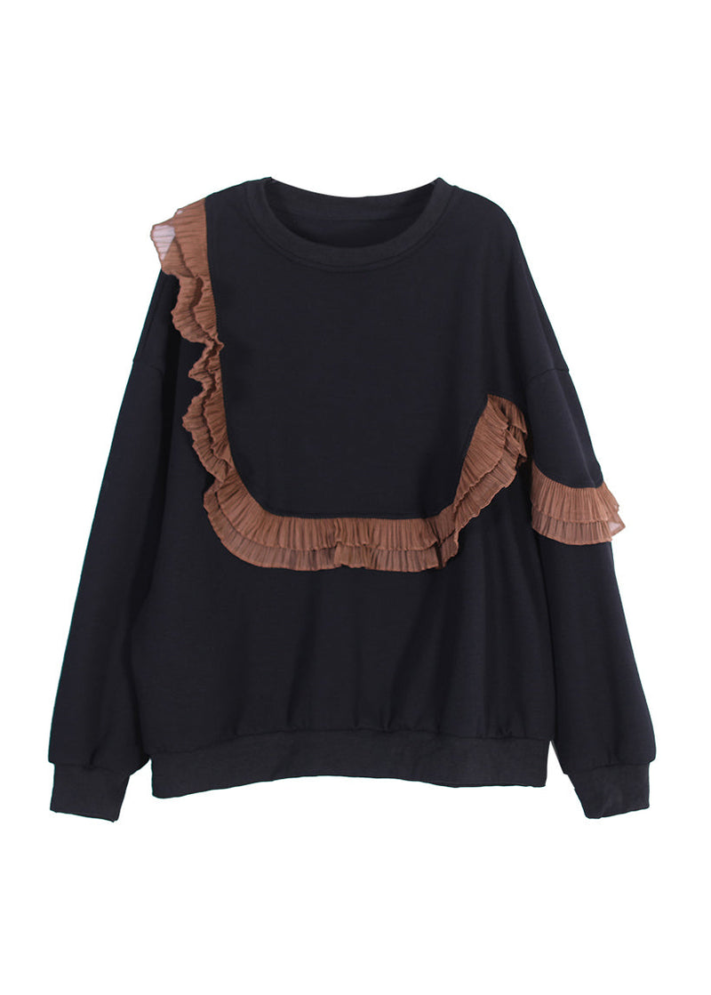 Coffee O-neck Ruffled Patchwork Cotton Sweatshirts Fall