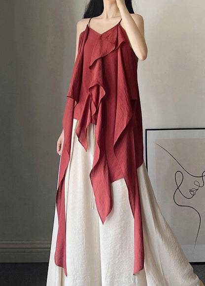 Classy Wine Red Asymmetrical Cotton Spaghetti Strap Tank Sleeveless