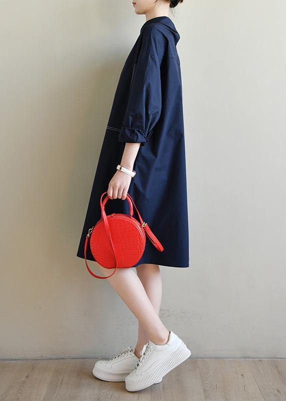 Navy Long Sleeve Peter Pan Collar Cotton Spring Dresses