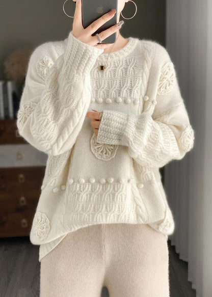 Loose Beige O-neck Hollow Out Cotton Knit Sweater Long Sleeve