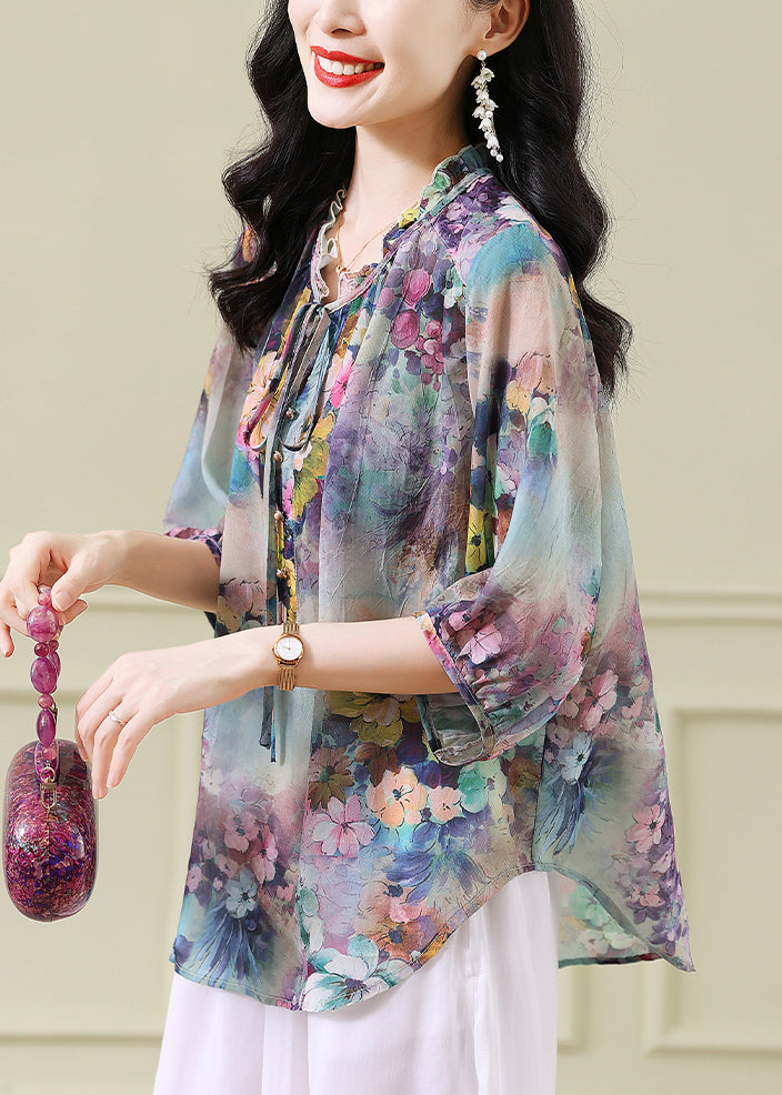 Blue Ruffled Print Chiffon Shirts Bracelet Sleeve
