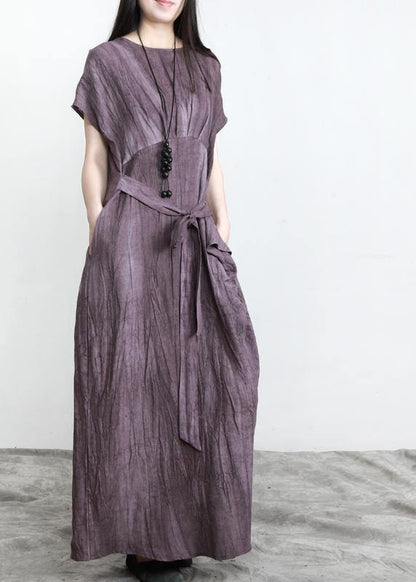 Purple Pockets Linen Batwing Sleeve Summer Robe Dresses