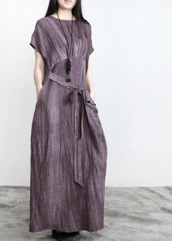 Purple Pockets Linen Batwing Sleeve Summer Robe Dresses
