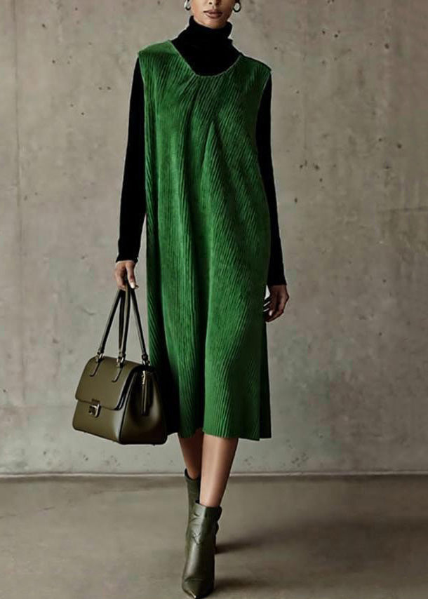 New Green O Neck Corduroy Dress Sleeveless
