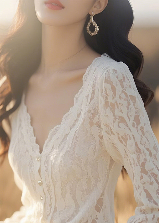 Slim Fit White V Neck Button Lace Blouses Fall