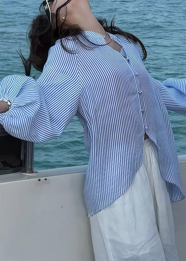 Art Blue Striped Side Open Cotton Blouses Lantern Sleeve