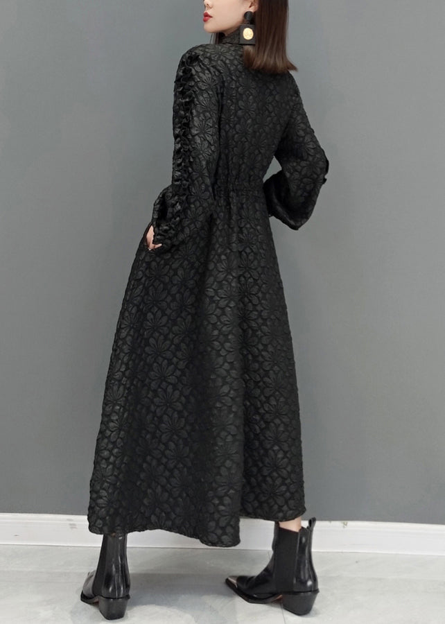Black Ruffled Jacquard Patchwork Cotton Long Dress Fall