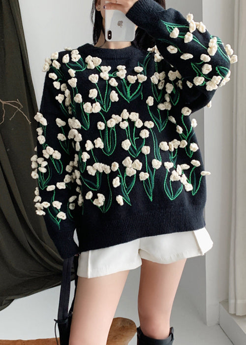 Black O Neck Cozy Cotton Knit Sweater Winter