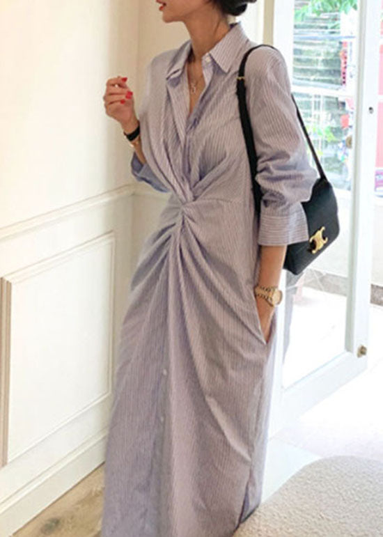 Organic Blue Asymmetrical Striped Cotton Shirts Dress Spring