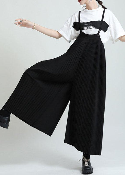 Black High Waist Wrinkled Wide Leg Summer Jumpsuit