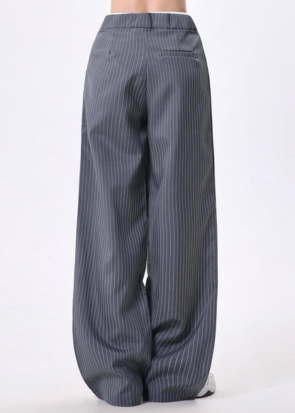 French Grey Oversized Striped Cotton Wide Leg Pants Spring