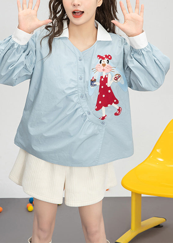 Light Blue Embroideried Button Cotton Shirts Spring