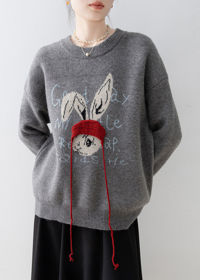 Grey Oversized Rabbit Jacquard Knit Pullover Winter