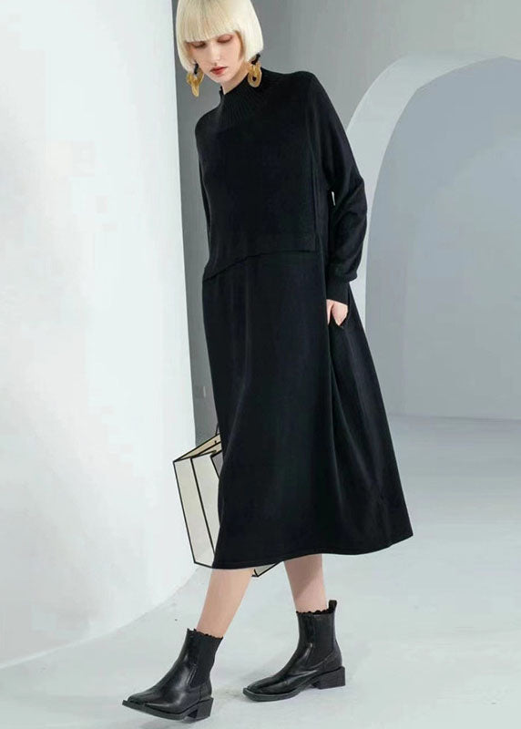 Chocolate Turtle Neck Patchwork Wool Knit Sweater Dress Long Sleeve