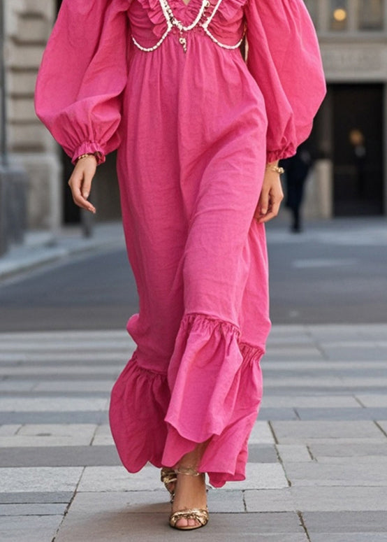 Rose Ruffled Nail Bead Cotton Vacation Dresses Fall