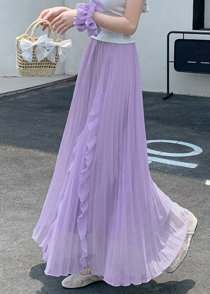 Purple Ruffled Elastic Waist Chiffon Skirts Summer