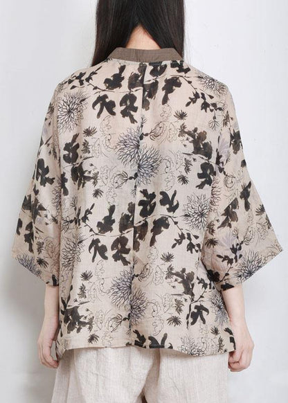 Art Beige Print Oriental Ramie Shirts Fall