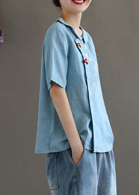 Blue Oriental Linen Shirts Button Short Sleeve