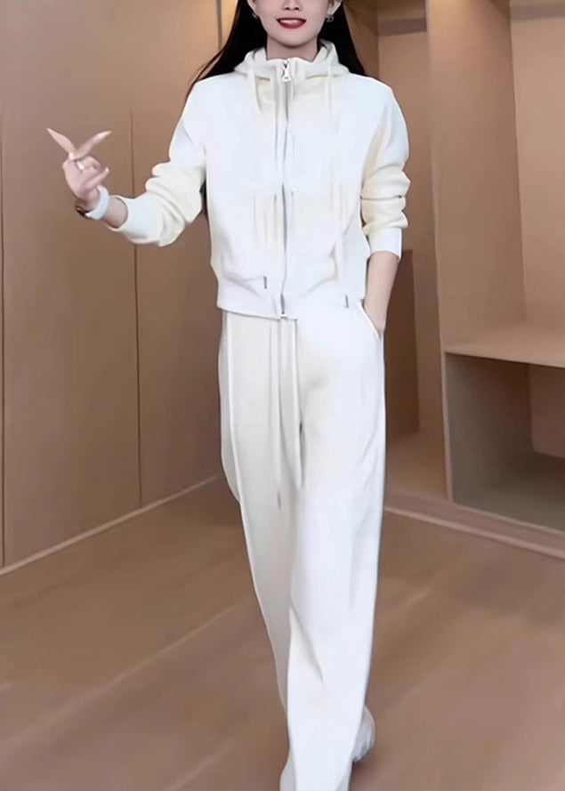Loose White Hooded Zippered Coat and Pants Cotton Two Pieces Set Fall