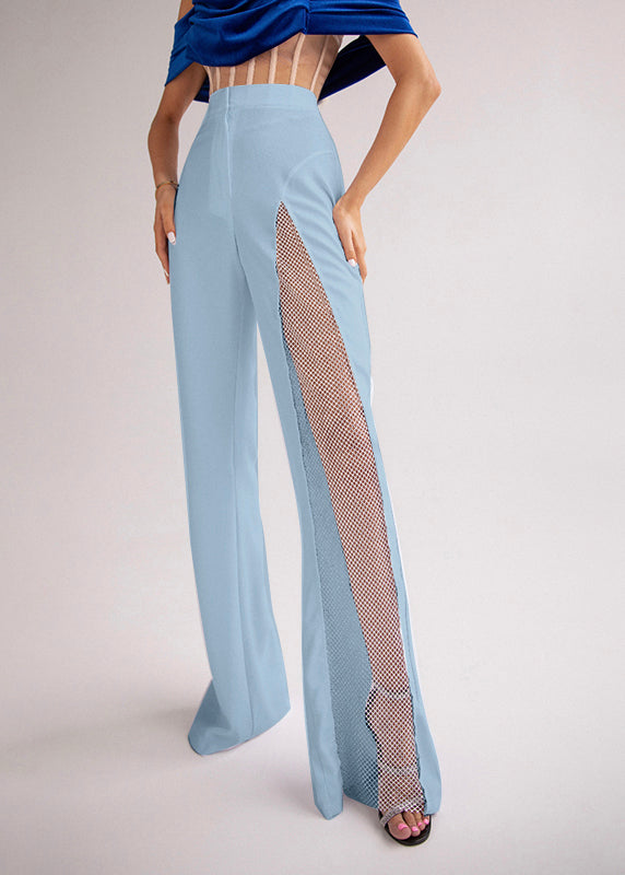 Blue Hollow Out Patchwork Tulle Bell-bottom Trousers Spring