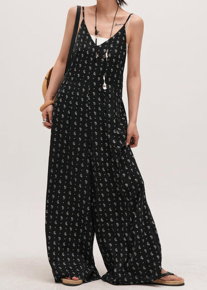 Black Oversized Print Cotton Overalls Jumpsuit Summer