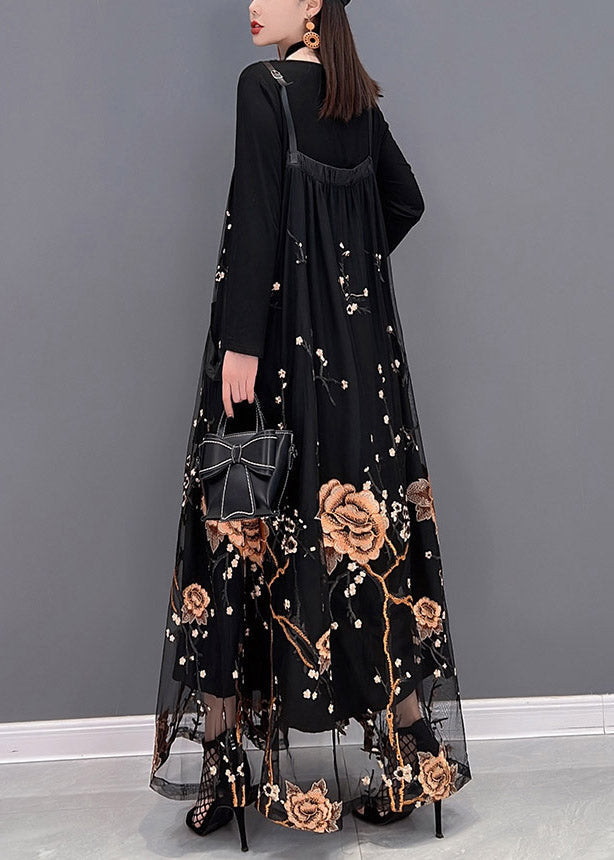 Yellow Embroideried Patchwork Tulle Spaghetti Strap Long Dress Two Piece Set Spring
