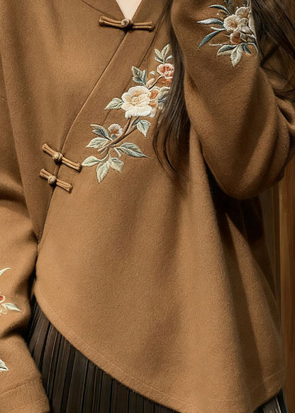 Chinese Style Brown V Neck Knit Sweater Fall