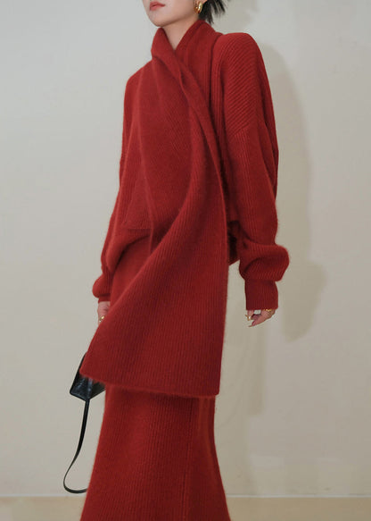 Red O-neck Patchwork Sweaters and Skirts Knit Two Pieces Set Fall