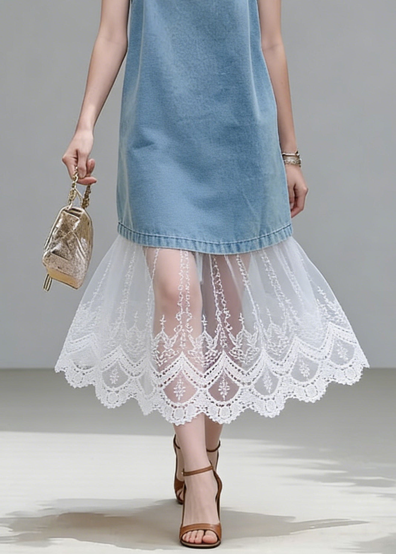 Stylish Blue Lace Patchwork Tops and Spaghetti Strap Dress Two Piece Set Summer
