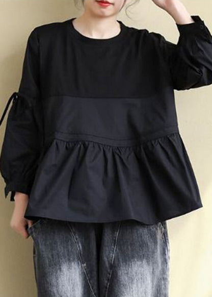 Black O-neck Low High Design Cotton Tops Long Sleeve