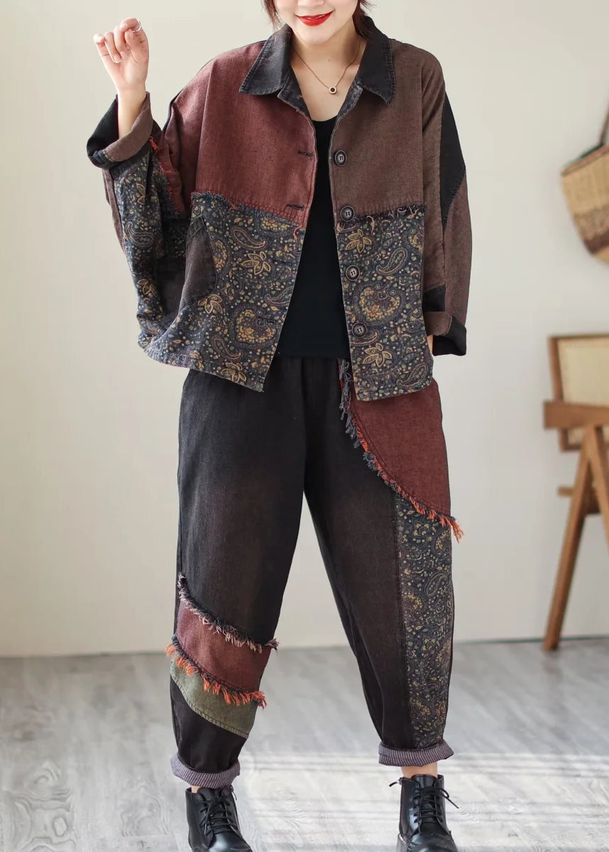 Black Print Patchwork Coats and Pants Denim Two Piece Suit Set Fall