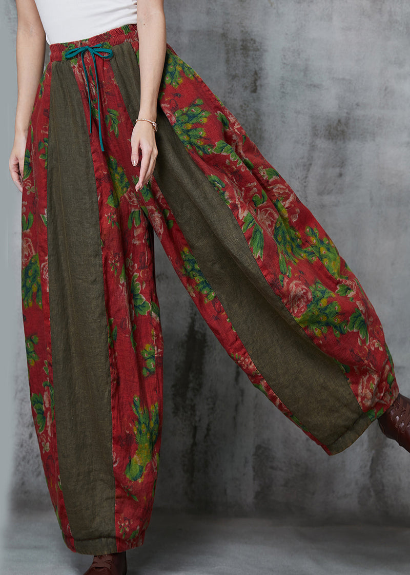 Red Oversized Patchwork Print Linen Harem Pants Spring
