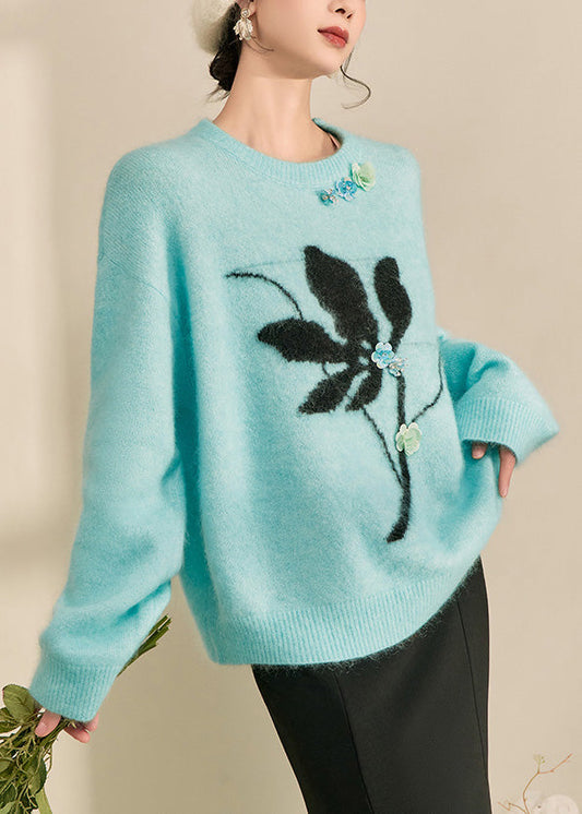 Natural Blue Print Cozy Cotton Knit Sweaters Fall
