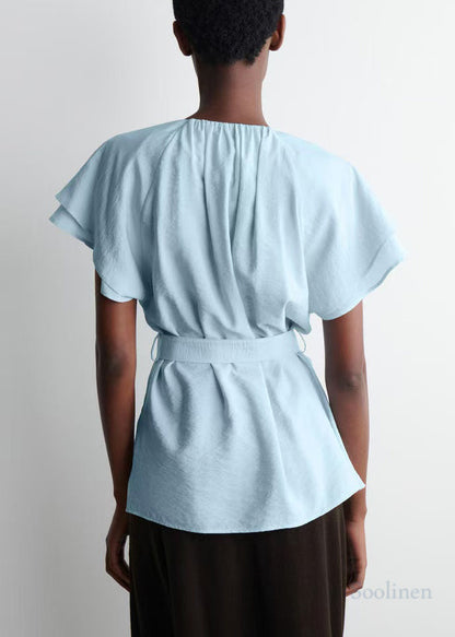 Blue Tie Waist Cotton Top Cloak Sleeves