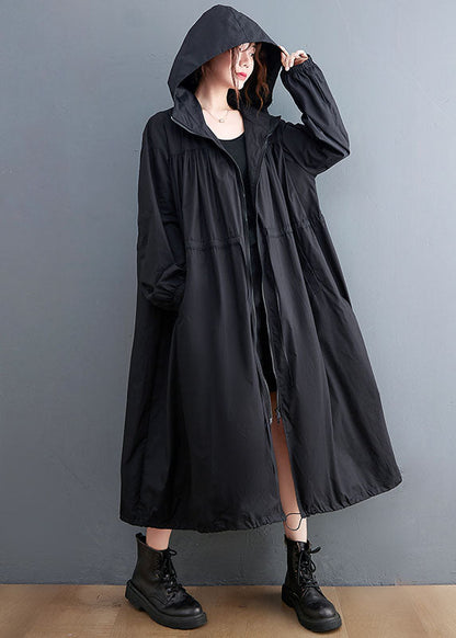 Black Hooded Drawstring Cotton Trench Coat Spring