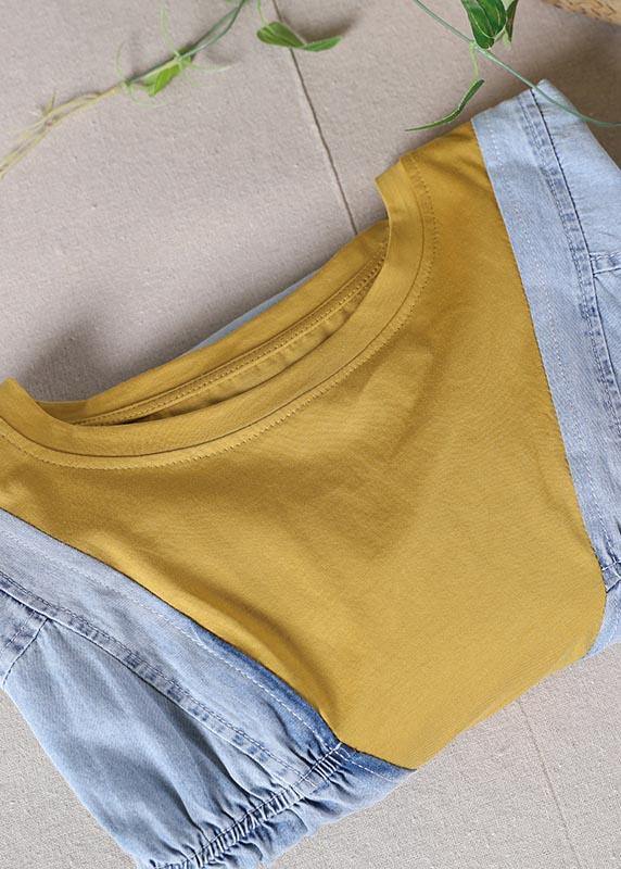 Fine Denim Blue Patchwork Black Cotton Loose Shirts Summer