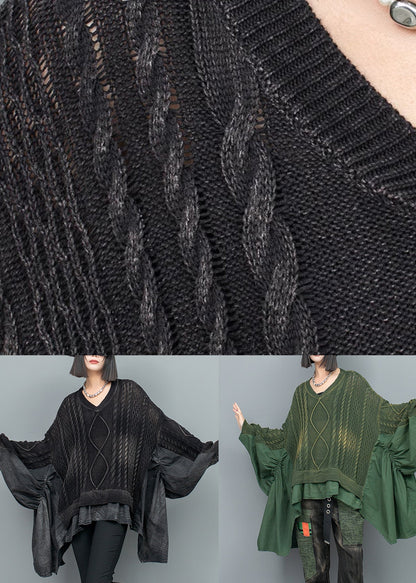 Green Patchwork Knit Pullover V Neck Ruffled Batwing Sleeve Fall