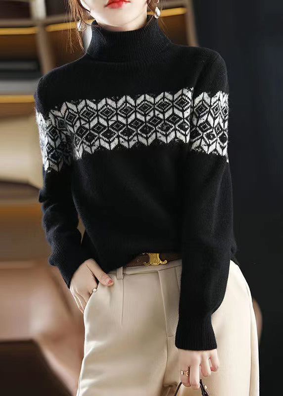 Black Turtleneck Cotton Knit Top Long Sleeve